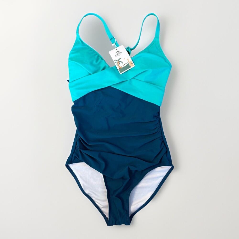 NWT‎ B2PRITY Women's One-Piece Swimsuit Small Teal Aqua Crisscross Front